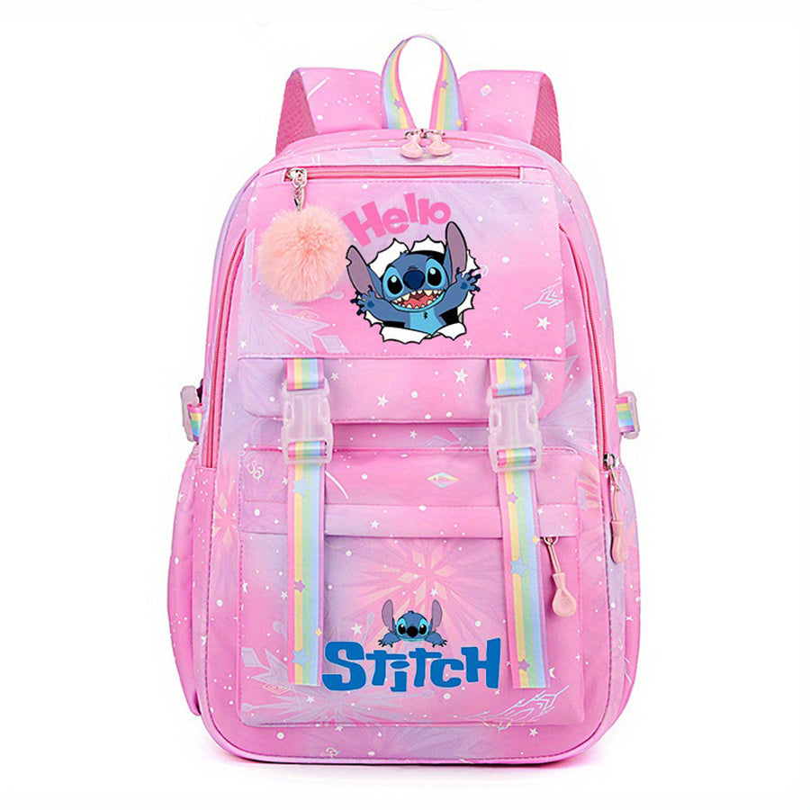 Mochila de Nylon com estampa do desenho animado Stitch em arco-íris