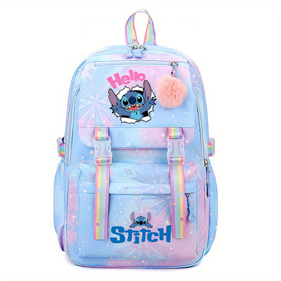 Mochila de Nylon com estampa do desenho animado Stitch em arco-íris