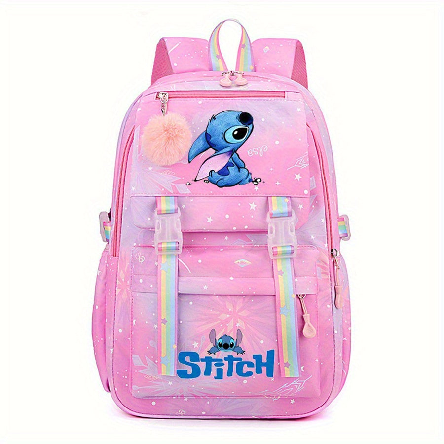 Mochila de Nylon com estampa do desenho animado Stitch em arco-íris