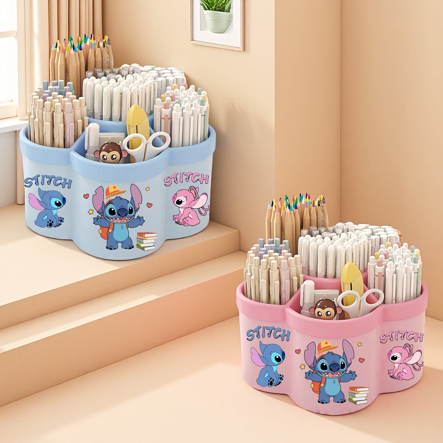 Porta-canetas giratório Stitch, organizador de mesa extra grande com vários compartimentos - perfeito para materiais de escritório/escola e arte em casa
