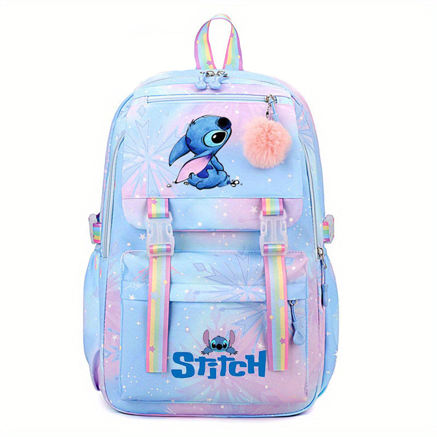 Mochila de Nylon com estampa do desenho animado Stitch em arco-íris