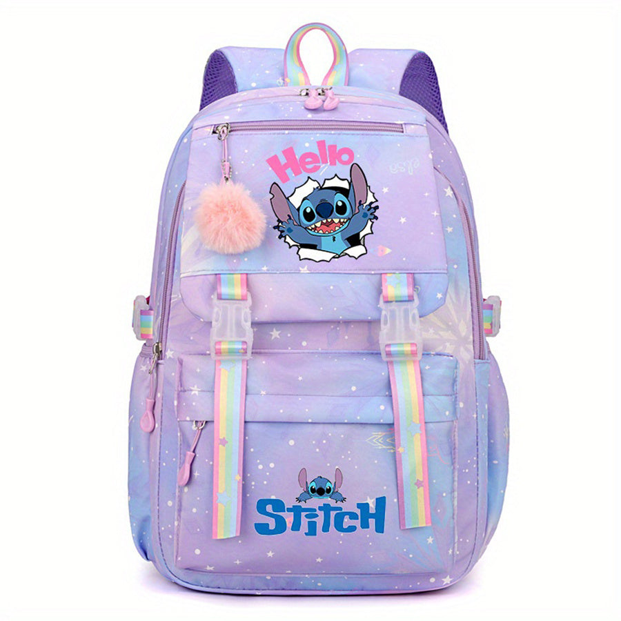 Mochila de Nylon com estampa do desenho animado Stitch em arco-íris