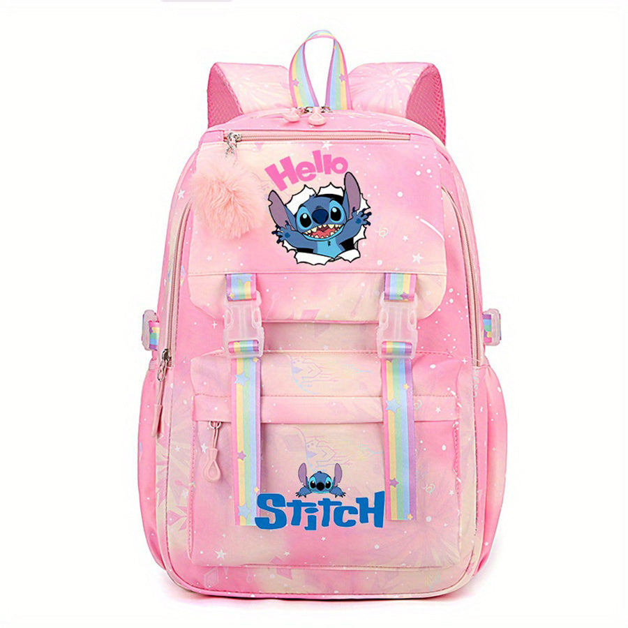 Mochila de Nylon com estampa do desenho animado Stitch em arco-íris