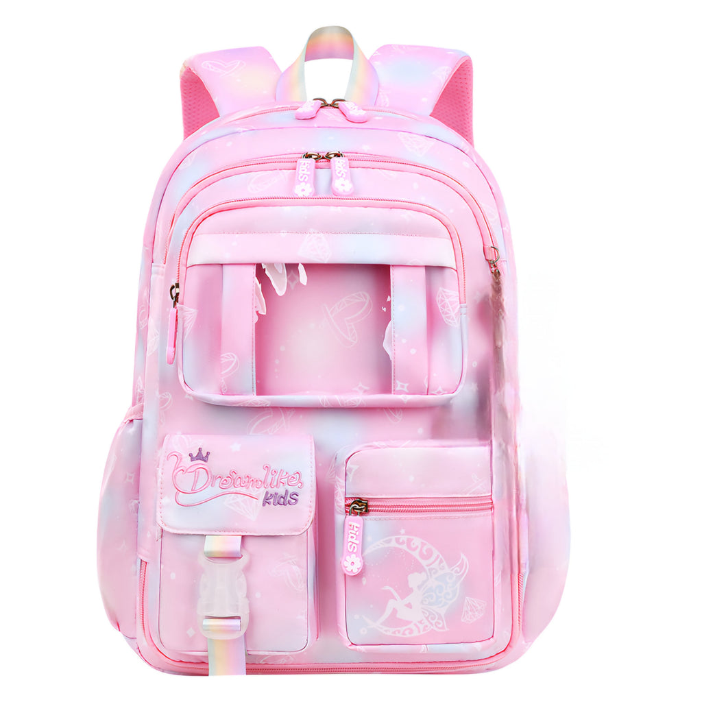 Mochila escolar com estampa de xadrez e bordado delicado