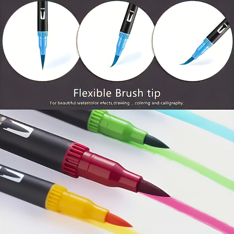 Conjunto de Canetas Artísticas de Ponta Dupla - Secagem Rápida, Cores Sortidas, para Uso Profissional em Arte