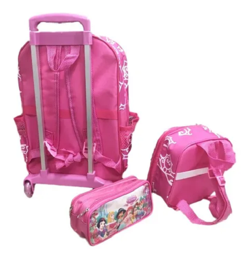 Kit Escolar Mochila Princesas Disney Com Carrinho de Rodinha, Lancheira Térmica e Estojo