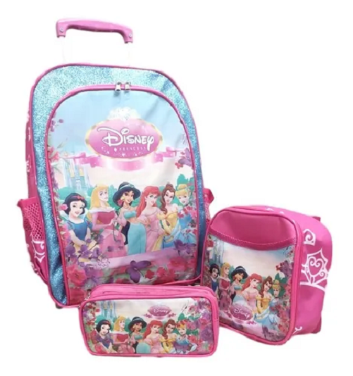 Kit Escolar Mochila Princesas Disney Com Carrinho de Rodinha, Lancheira Térmica e Estojo