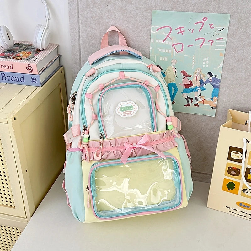 Mochila escolar transparente estilo com desenho animado, grande, em nylon, com alças duplas, para estudantes