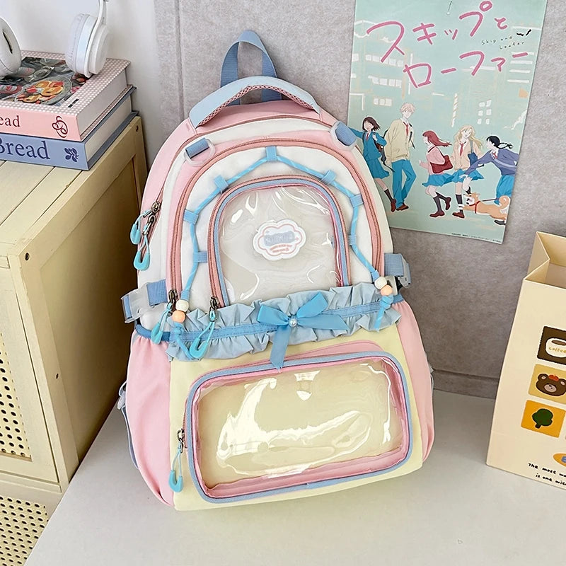 Mochila escolar transparente estilo com desenho animado, grande, em nylon, com alças duplas, para estudantes