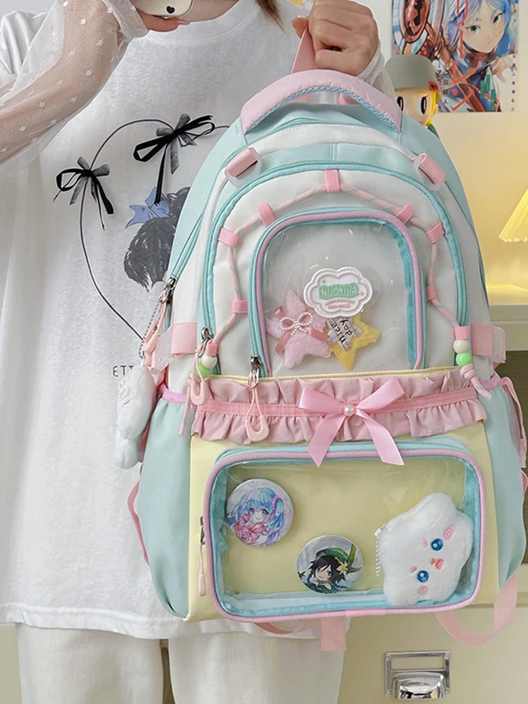 Mochila escolar transparente estilo com desenho animado, grande, em nylon, com alças duplas, para estudantes