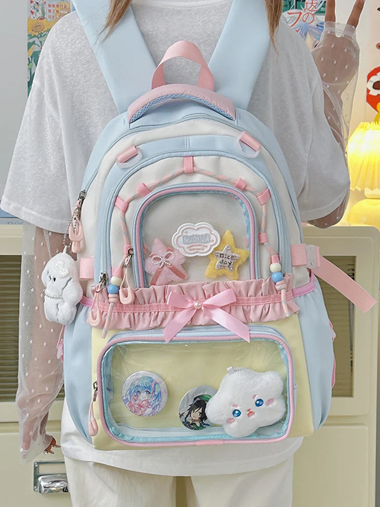 Mochila escolar transparente estilo com desenho animado, grande, em nylon, com alças duplas, para estudantes