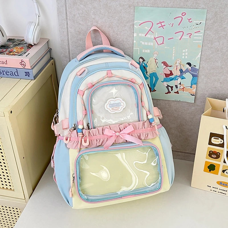 Mochila escolar transparente estilo com desenho animado, grande, em nylon, com alças duplas, para estudantes
