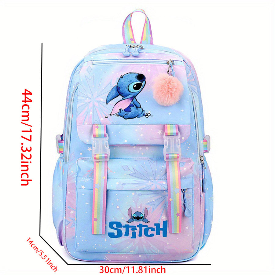 Mochila de Nylon com estampa do desenho animado Stitch em arco-íris