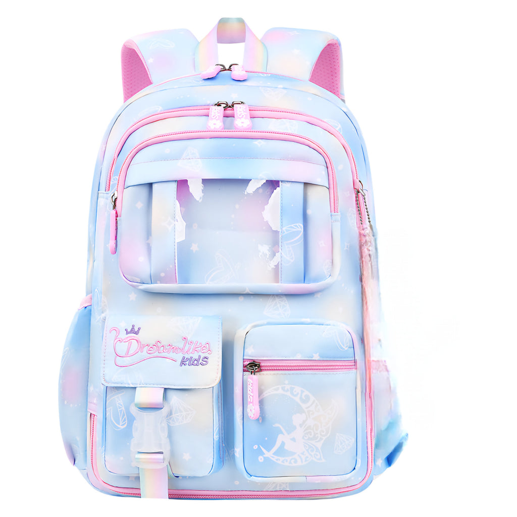 Mochila escolar com estampa de xadrez e bordado delicado