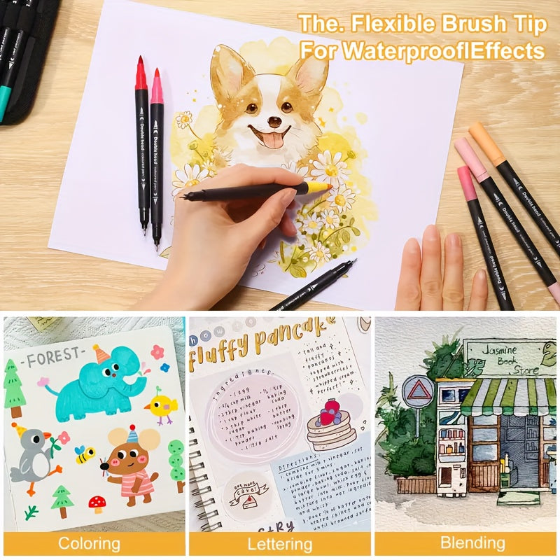 Conjunto de Canetas Artísticas de Ponta Dupla - Secagem Rápida, Cores Sortidas, para Uso Profissional em Arte