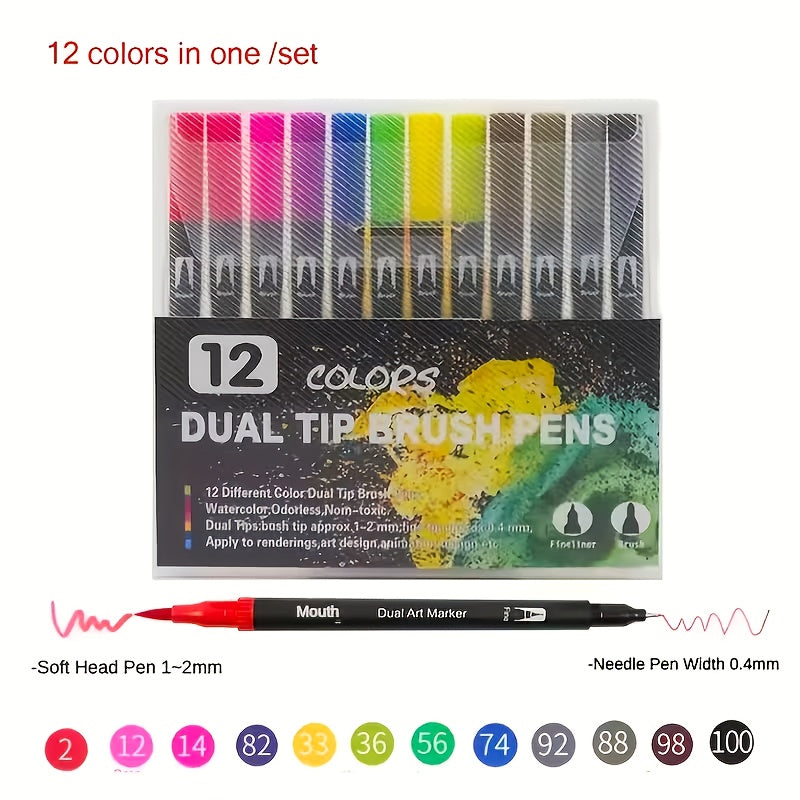 Conjunto de Canetas Artísticas de Ponta Dupla - Secagem Rápida, Cores Sortidas, para Uso Profissional em Arte