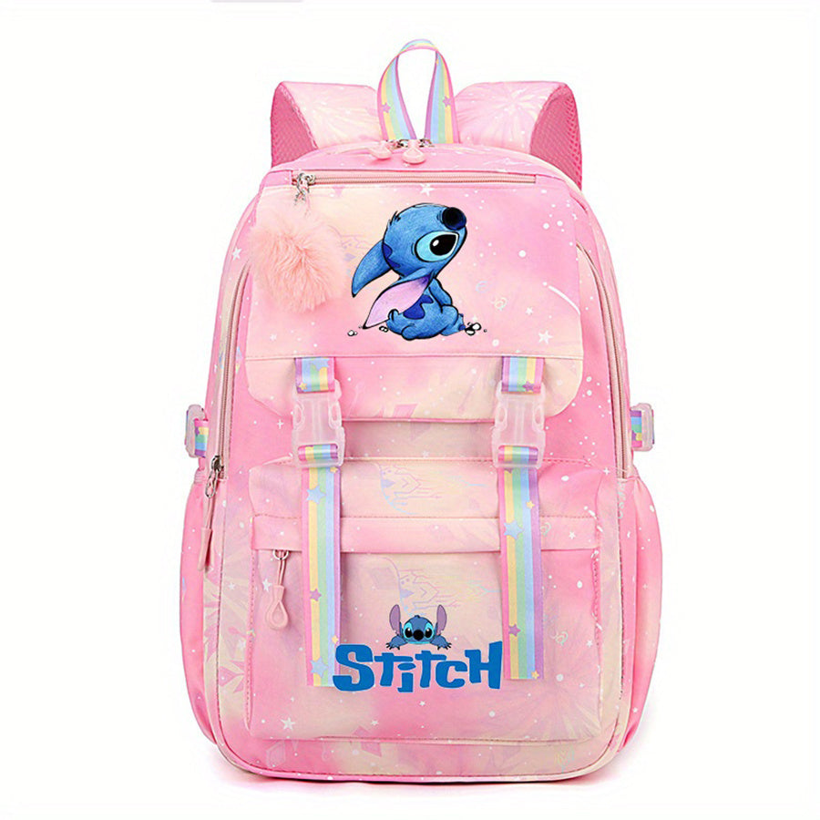 Mochila de Nylon com estampa do desenho animado Stitch em arco-íris