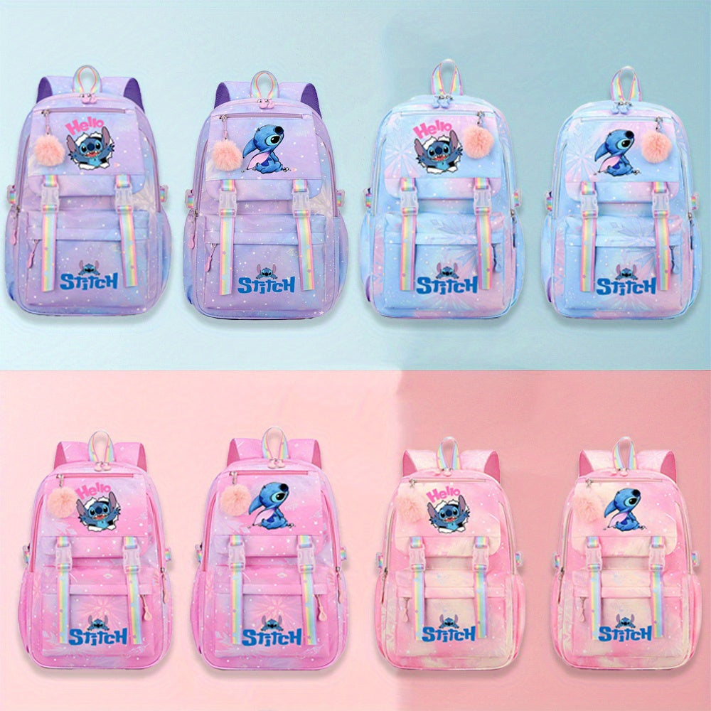 Mochila de Nylon com estampa do desenho animado Stitch em arco-íris