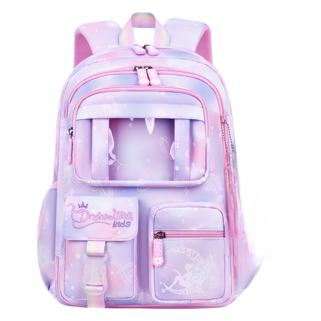 Mochila escolar com estampa de xadrez e bordado delicado